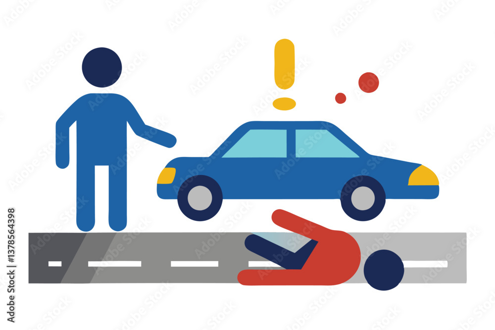 Naklejka premium Road Accident with Blue Car, Exclamation Mark, and Stick Figure on White