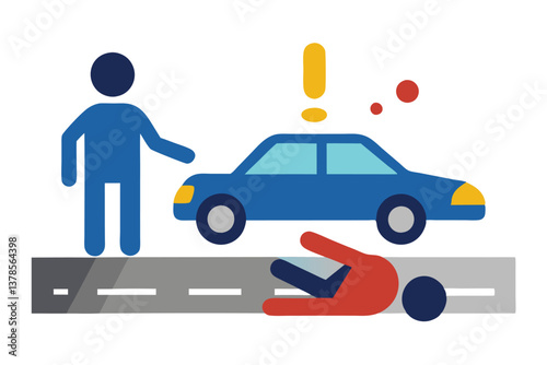 Road Accident with Blue Car, Exclamation Mark, and Stick Figure on White