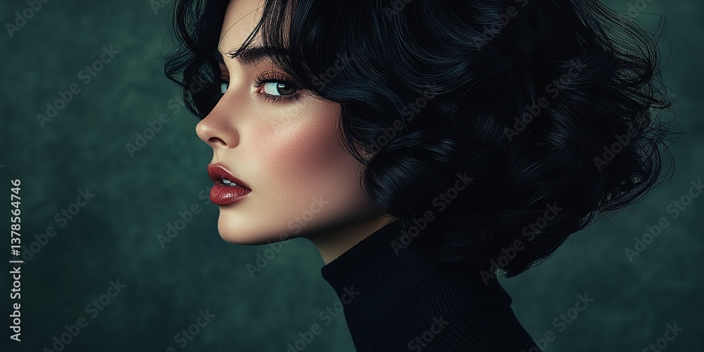 Fototapeta premium Elegant woman with dark curly hair poses against a textured backdrop