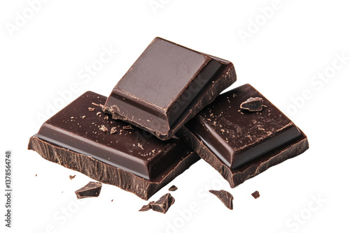 Three pieces of dark chocolate with broken shards on black background, cut out