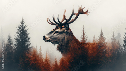 A double exposure image featuring a deer in the forest with a grunge effect, symbolizing the connection between nature, wildlife, and the harmonious balance of the natural world