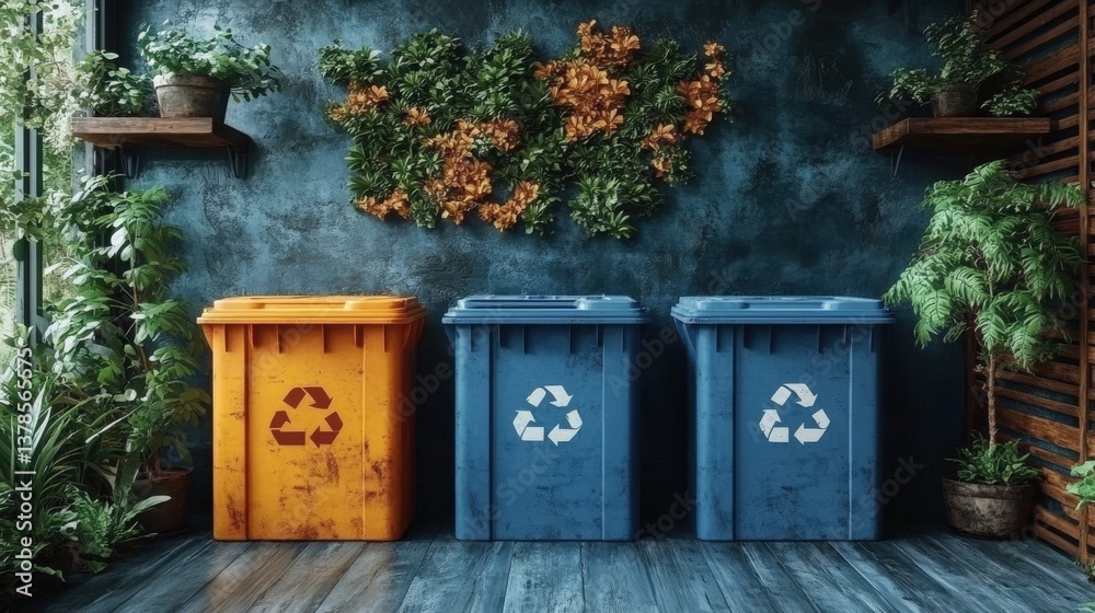 Fototapeta premium Colorful recycling bins arranged in a modern indoor space surrounded by lush greenery