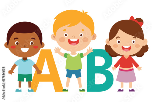 Smiling Cartoon Kids with Letter A and B on White Background