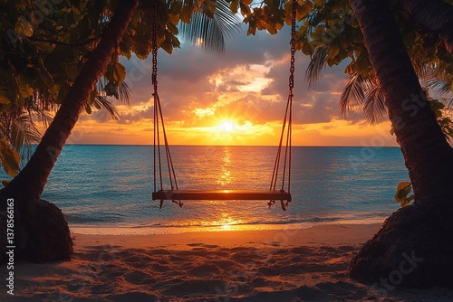 
A swing between palm trees against the backdrop of a sunset - warm light, long shadows from the swing on the sand, the ocean shines in the distance.

