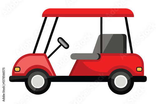Simple Flat of Red Golf Car with Gray Seat, White Background