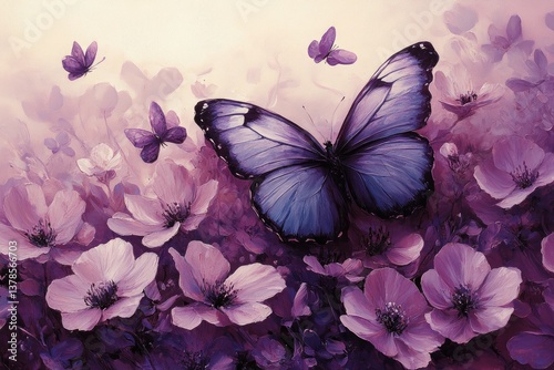 Fototapeta Naklejka Na Ścianę i Meble -  A beautiful artistic painting of butterflies among various flowers