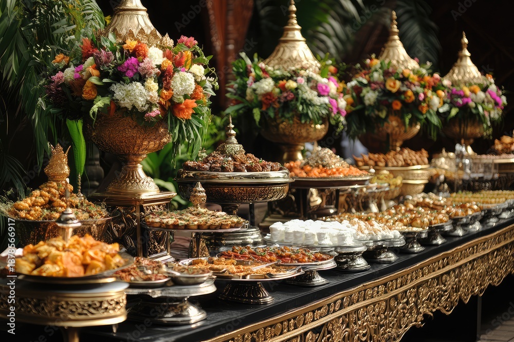 Fototapeta premium Elaborate royal dining setup for destination wedding buffet. AI generated illustration.
