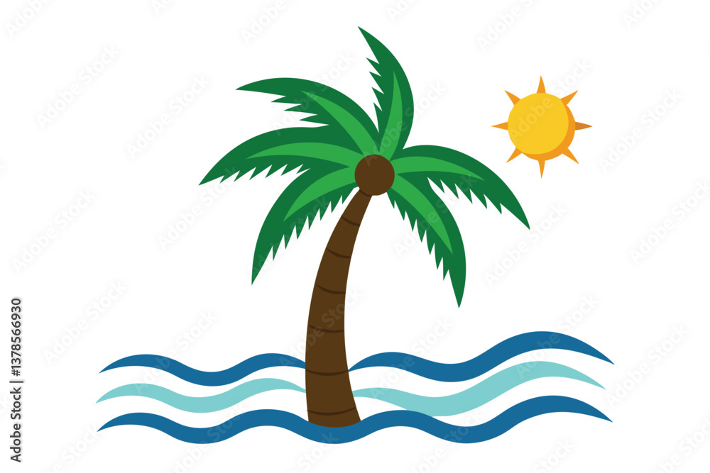 Obraz premium Simple Palm Tree with Wavy Blue Ocean and Shining Sun on Transparent Background