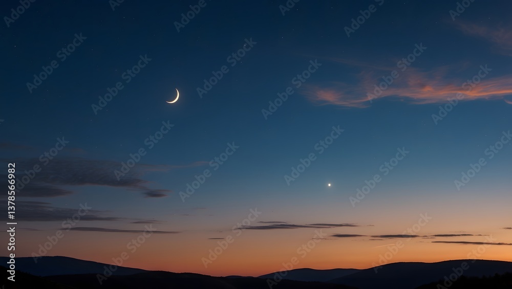 Ramadan Eid Sunset Sky Moon Crescent Hajj Kaaba Islam Desert Background. AI Generative. Ramadan Eid Sunset Sky Moon Crescent Hajj Kaaba Islam Desert Background. AI Generative.