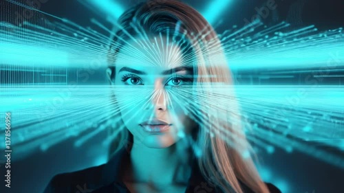 Futuristic woman with digital code overlay, metaverse and cyberspace technology concept. Double exposure effect highlights advanced internet and virtual reality. 4k, video, slow motion, hd resolution.