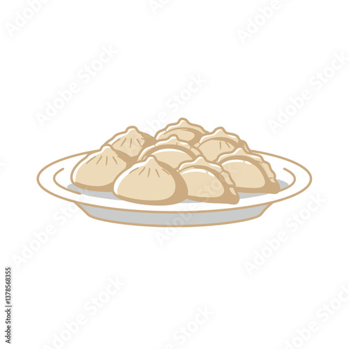 Steaming Dumplings on a Plate: An appetizing illustration of a plate piled high with perfectly shaped, steaming dumplings, ready to be enjoyed, in a simple and appealing style.