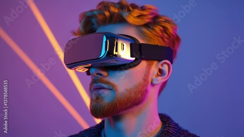 Young adult male wearing virtual reality glasses on a background illuminated with different colors. Perfect for advertisements. Animated, cartoon.