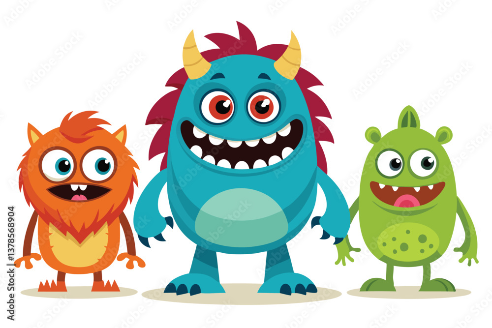 Fototapeta premium Three Friendly Cartoon Monsters with Big Eyes on a White Background