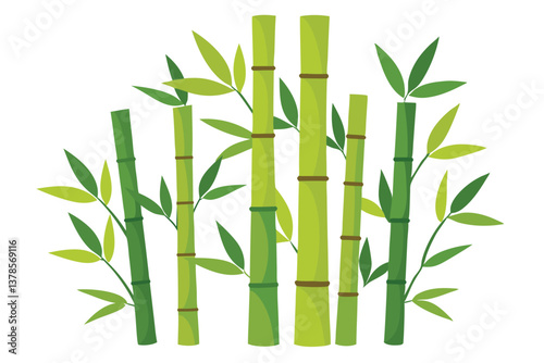 Stylized Bamboo Stalks and Green Leaves on a White Background Element