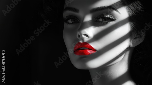 Fashion model with bold pink lips, dramatic half-shadow portrait, backlit rim lighting, dark moody ambiance.