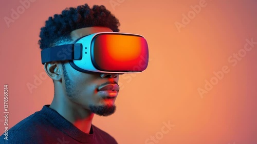 Young adult male wearing virtual reality glasses on a background illuminated with different colors. Perfect for advertisements.