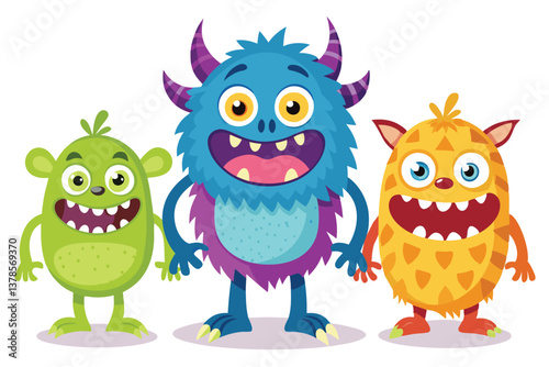 Trio of Cartoon Monsters Green Blue and Orange with Big Smiles on a White Background