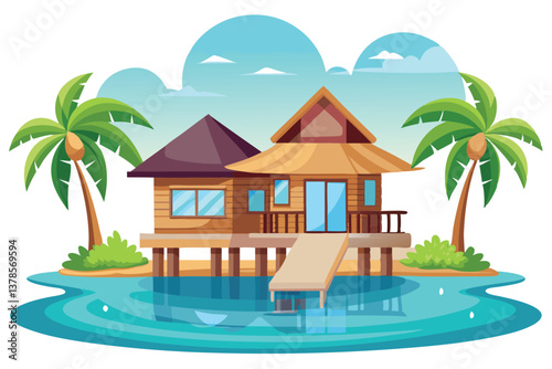 Tropical Beach House On Stilts with Palm Trees and Aqua Water