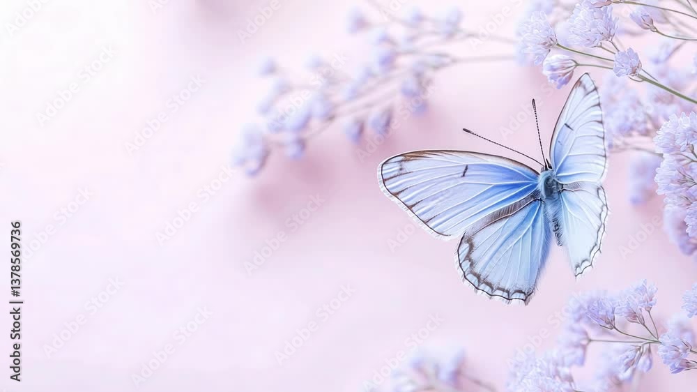 Beautiful blue butterfly perched on small purple flowers with a solid pink background