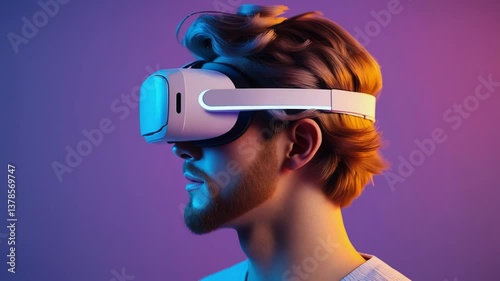 Young adult male wearing virtual reality glasses on a background illuminated with different colors. Perfect for advertisements. Animated, cartoon.