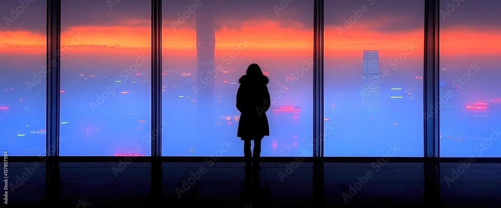Fototapeta premium Woman stands gazing at cityscape through large windows at dawn, a silhouette against a beautiful light