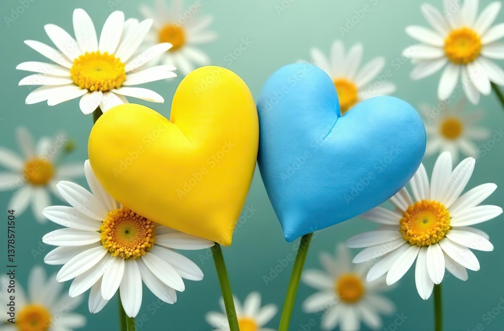 Obraz premium Two yellow and blue hearts on a flowers daisy background. Beautiful, romantic background, Valentine's Day and greeting cards. Romantic messages. Heart symbolizing love