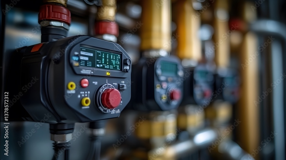 Close-up of a high-efficiency biomass boiler system with pipes and control panels Close-up of a high-efficiency biomass boiler system with pipes and control panels