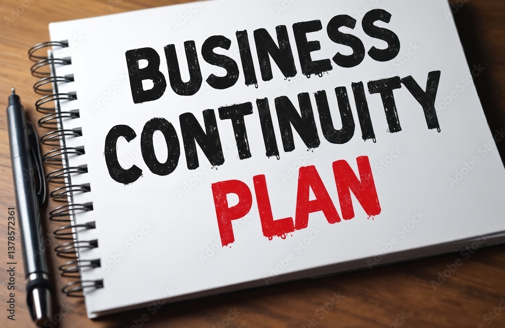 Fototapeta premium Business Continuity Plan text on white notepad, pen lying on wooden table. Disaster recovery, risk management concept, planning, management, communication. Protect your business from any crisis.