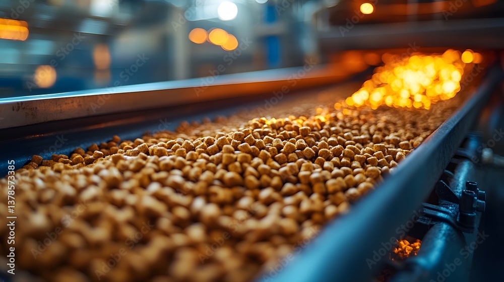 Fototapeta premium Biomass fuel pellets being fed into an industrial boiler for clean energy production