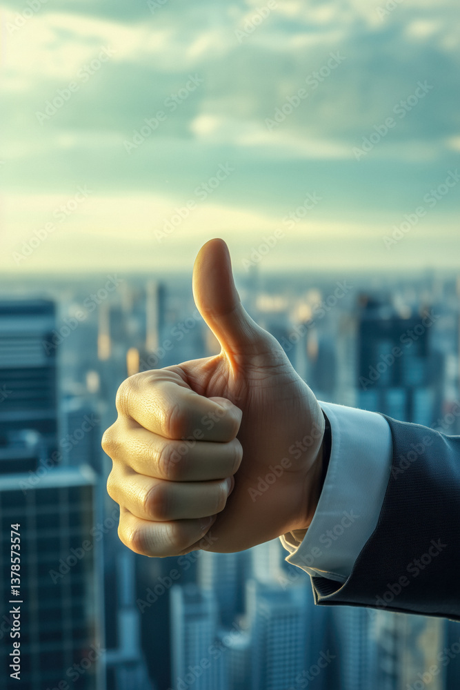 Close-up of a hand giving a thumbs-up gesture against a cityscape background.