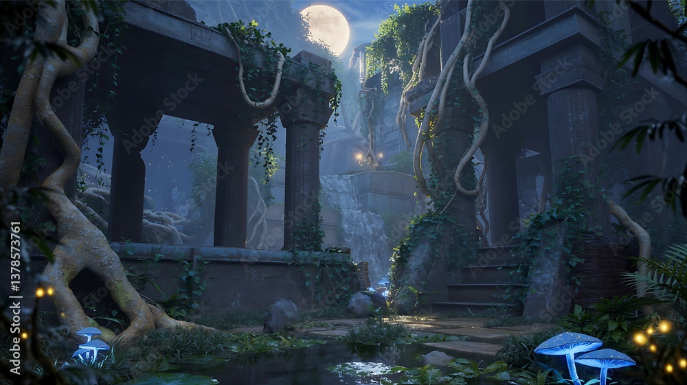Obraz premium Night scene showing ancient ruins with moonlight and glowing mushrooms.