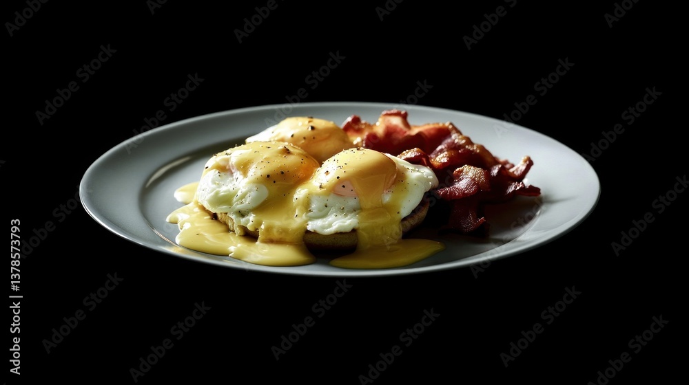 Delicious Eggs Benedict with Bacon on Plate Against Black Background Delicious Eggs Benedict with Bacon on Plate Against Black Background