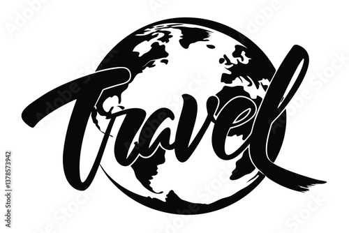 Travel Text Over Earth Globe Silhouette on Transparent Background, Destination Icon