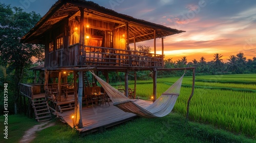 Wallpaper Mural hammock tied underneath, surrounded by rice fields, glowing orange lights, and the soft glow of the sunset in the background, creating a peaceful atmosphere. Torontodigital.ca