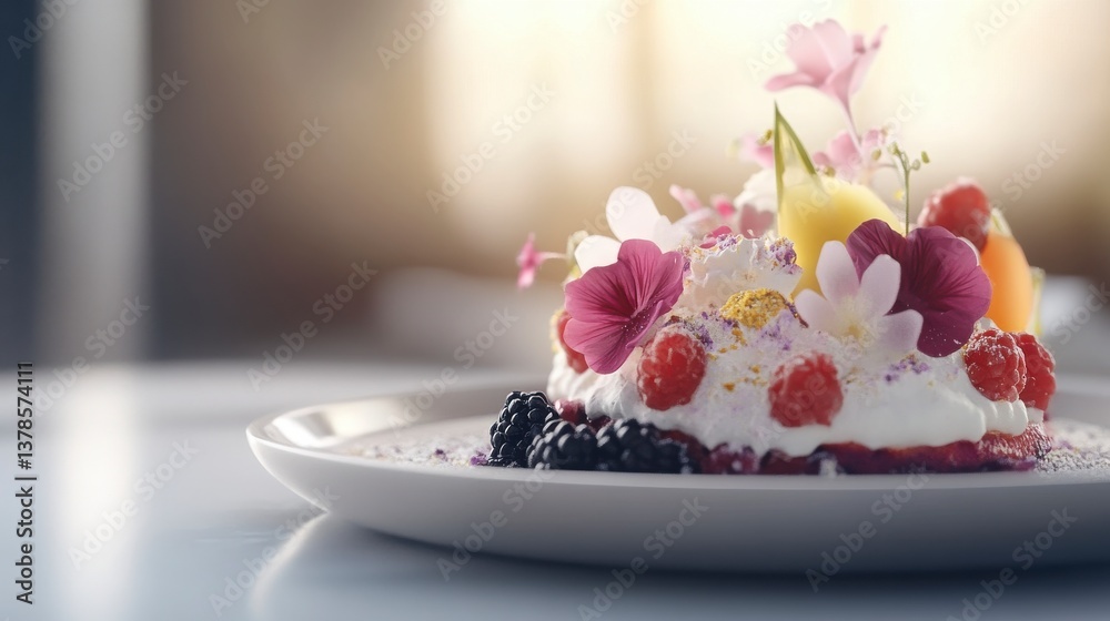 Closeup View of Elegant Dessert with Whipped Cream, Berries, and Pink Flowers on White Plate Closeup View of Elegant Dessert with Whipped Cream, Berries, and Pink Flowers on White Plate