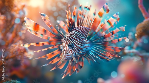 Fototapeta Naklejka Na Ścianę i Meble -  Close up of an ornate lionfish prowling the coral reef sharp fins and vivid stripes highlighted by soft lighting