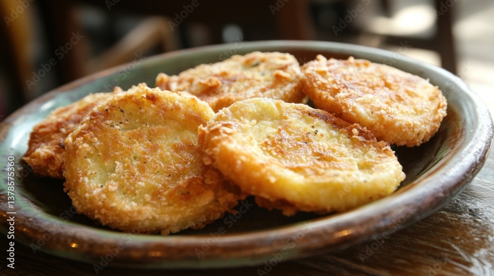 Crispy Fried Potato Patties on Rustic Plate in Warm Natural Light Crispy Fried Potato Patties on Rustic Plate in Warm Natural Light