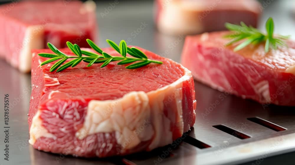 Succulent steaks grilling with fresh rosemary garnish on hot grill surface Succulent steaks grilling with fresh rosemary garnish on hot grill surface