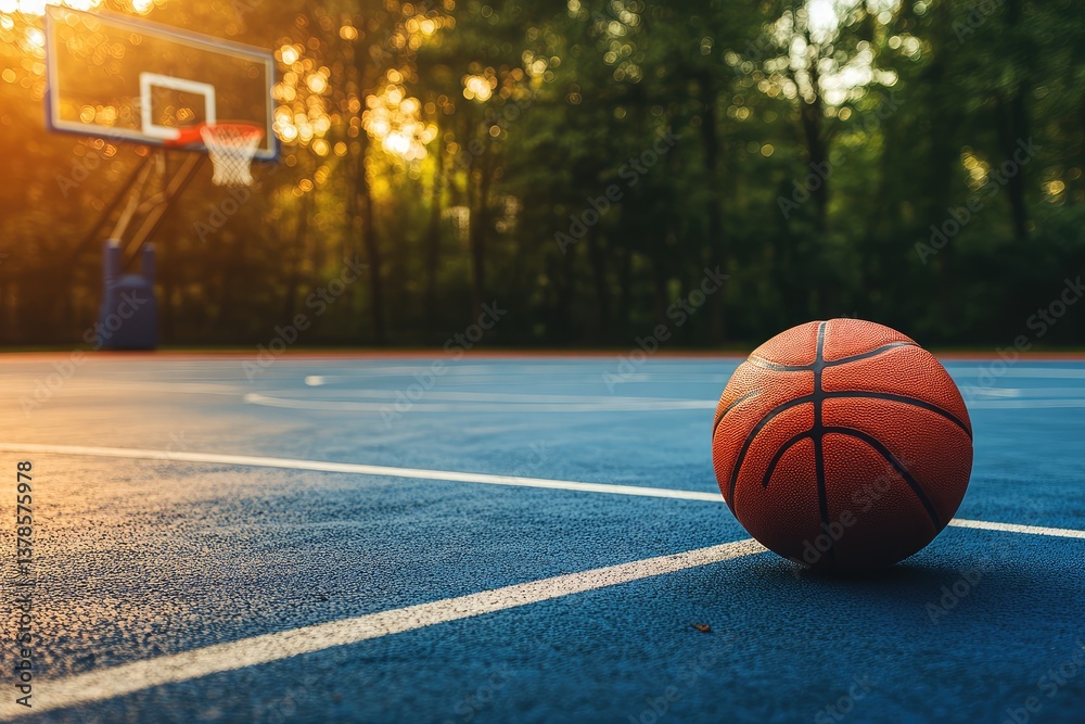 Empty outdoor basketball court with hoop and net. AI generated illustration. Empty outdoor basketball court with hoop and net. AI generated illustration.