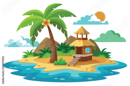 Tropical Island Cartoon Palm Tree, Beach, Hut, Sea, and Sun against White Background