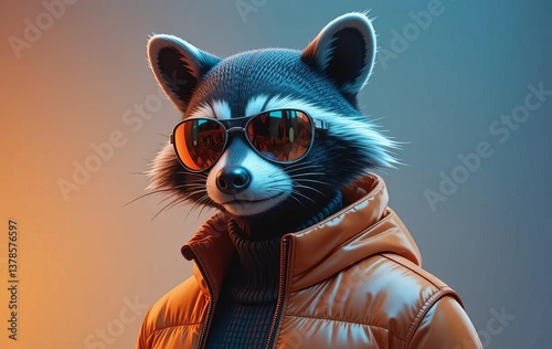 A digital illustration of a futuristic raccoon wearing a mask and sunglasses in front of a cityscape background with a gradient.