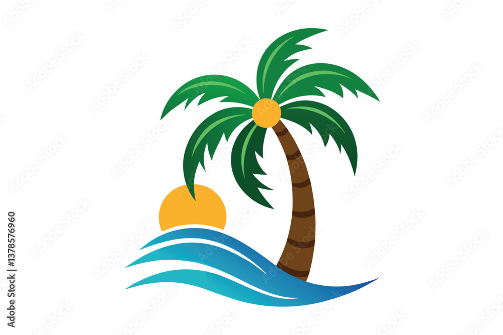 Fototapeta premium Tropical Palm Tree Waves Silhouette with Sunrise on Transparent Background