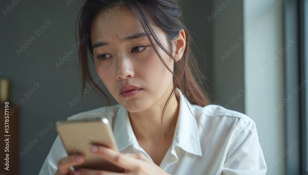 Upset Asian woman holds cellphone, disgusted by message. Sad face expression emotion feeling. Dissatisfied, confusingly. Communication difficulties, bad news, breakup social media problems reasons. Upset Asian woman holds cellphone, disgusted by message. Sad face expression emotion feeling. Dissatisfied, confusingly. Communication difficulties, bad news, breakup social media problems reasons.