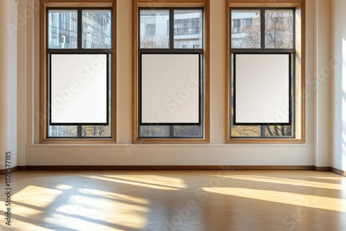 Empty room with three large windows and blank movie poster frames. AI generated illustration.
