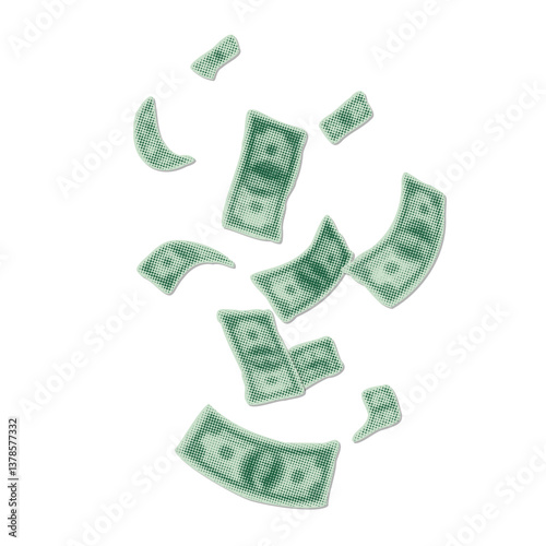 Money halftone art collage cut outs set. Paper clippings - falling 100 dollar banknotes, cash. Modern retro mixed media vector illustration