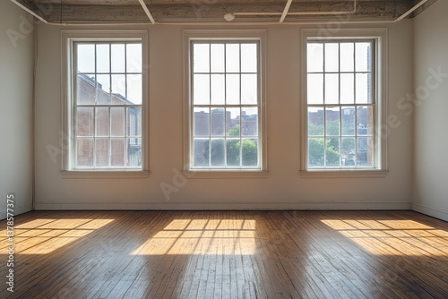 Wallpaper Mural Empty room with three large windows and blank movie poster frames. AI generated illustration. Torontodigital.ca