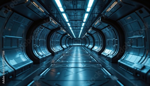Fototapeta Naklejka Na Ścianę i Meble -  Futuristic spaceship corridor with sleek metallic walls, glowing blue lights. Modern interior design, symmetrical perspective creates sense of depth, high-tech advanced spacecraft technology. Ideal