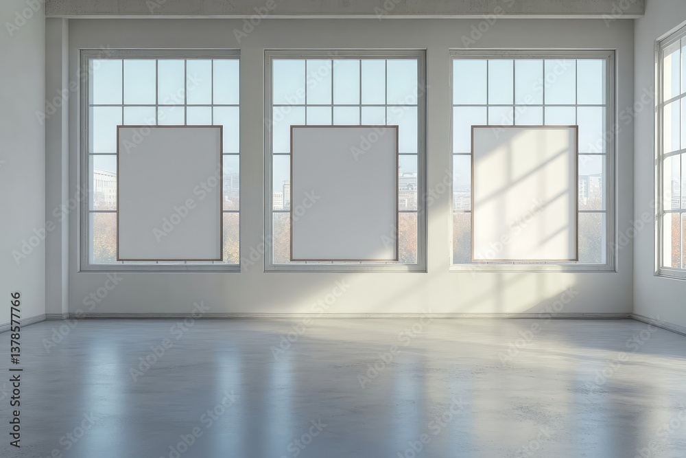 Fototapeta premium Empty room with three large windows and blank movie poster frames. AI generated illustration.