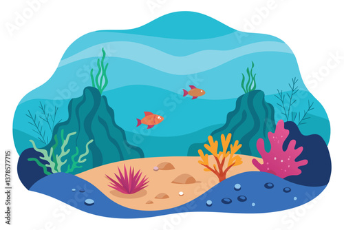 Underwater Ocean Landscape with Coral Reefs, Fish and Seaweed