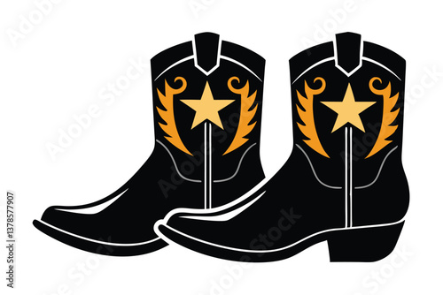 Two Black Cowboy Boots with Golden Stars and Flame Decoration on White Background